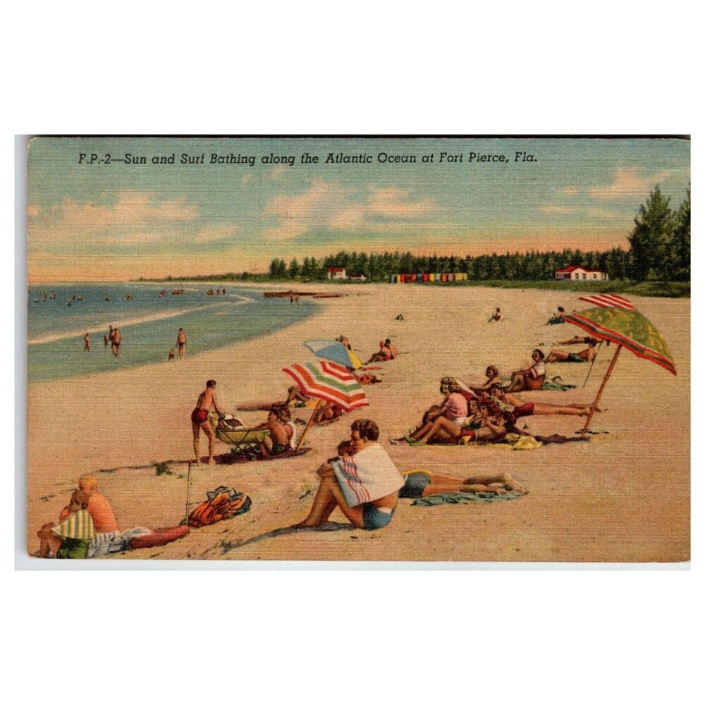 Fort Pierce Florida Linen Postcard Sun Surf Bathing Atlantic Beach 1940s